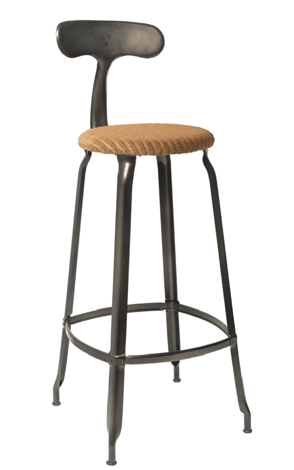 Chaise Nicolle with a 30-inch seat height, metal and loom. Industrial-look bar stool with a woven LOOM seat in patinated steel.