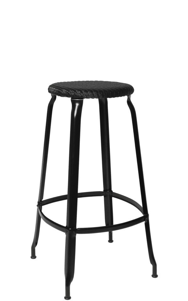 Chaises Nicolle metal stool in black matte finish, woven with loom pattern - 30-inch height.
