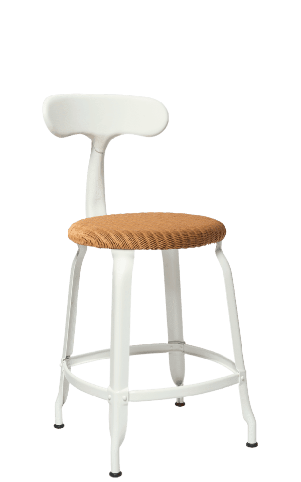 Metal chair with a shiny white finish, featuring a loom design, from Chaises Nicolle, measuring 45-cm in height.