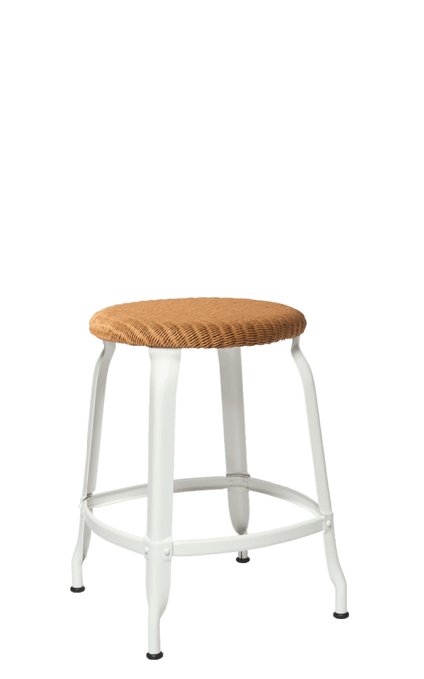 Metal stool Nicolle 18-inch high with loom seat. Metal stool in glossy white finish.