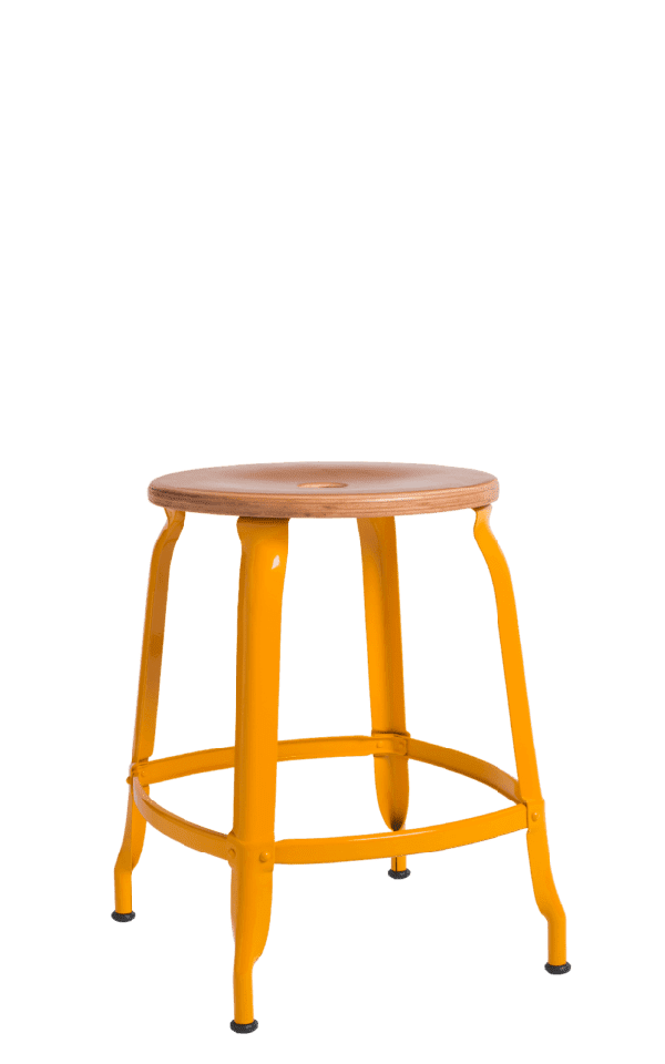 Yellow Nicolle stool with wooden seat.