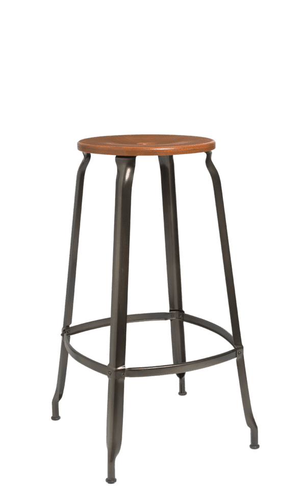 Nicolle bar height stool in wood and metal, caramel-toned steel patina.