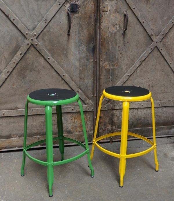 Leather seat cushions on Nicolle metal stools in various RAL color options