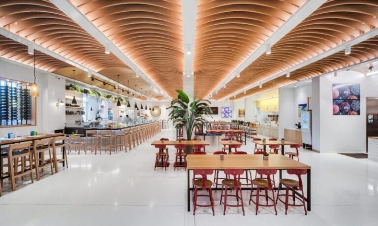 Wood and metal chairs in a restaurant in the USA.