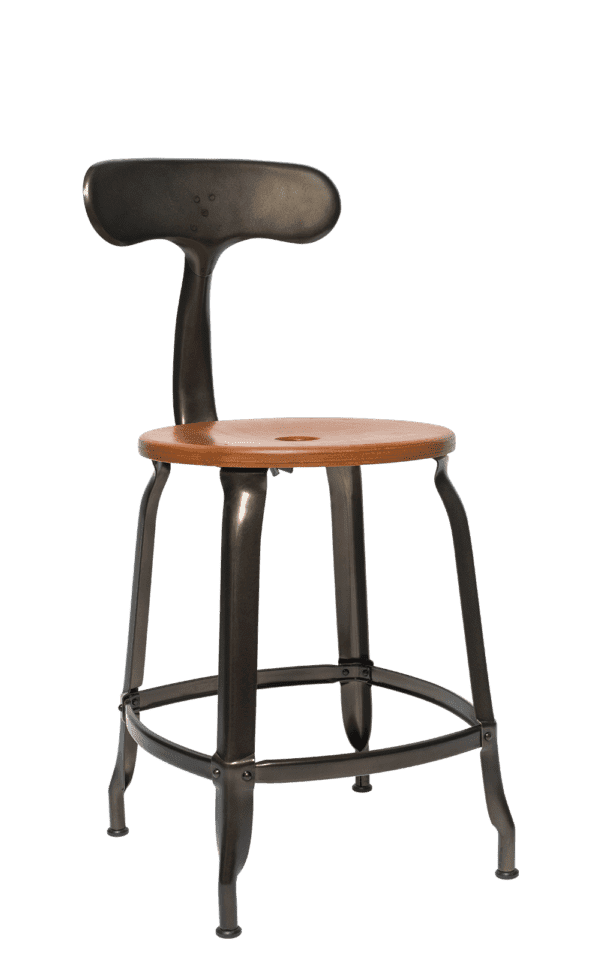 Wood and metal chair 18-inch high. Nicolle metal chair with patina. Vintage workshop look chair.