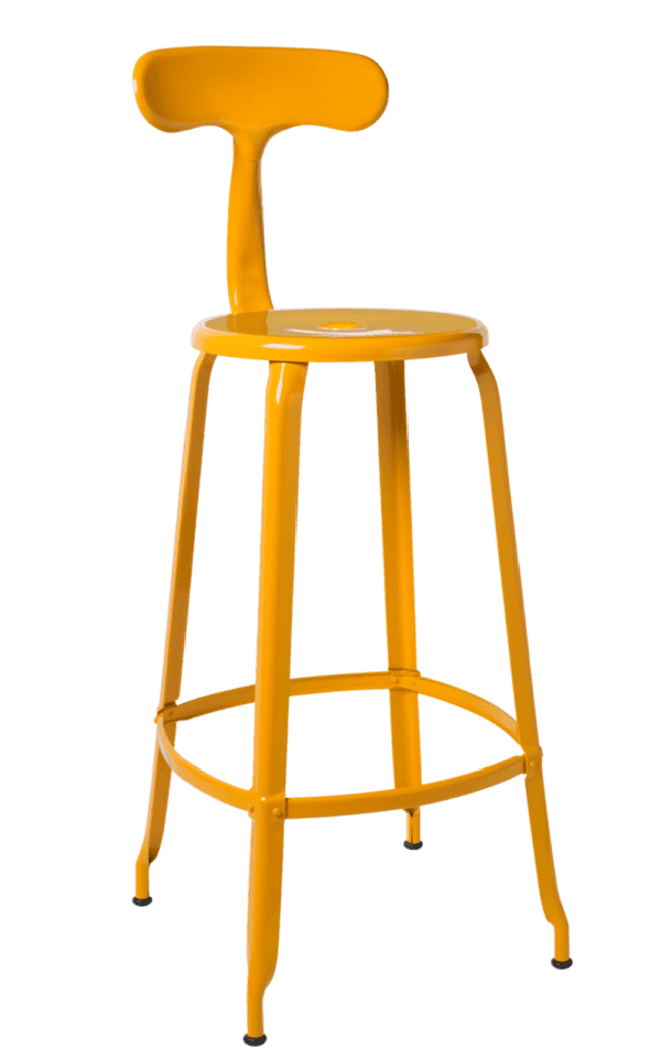 Yellow Narcissus Chaises Nicolle metal chair, 30-inch height. Featuring a whale tail-inspired backrest.