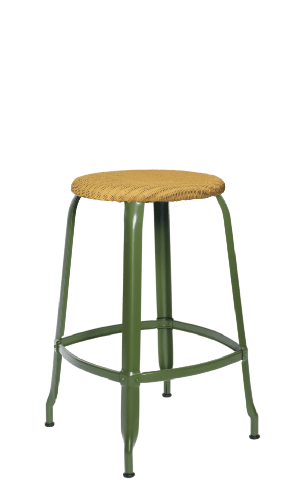 Chaises Nicolle's H26-inch metal and loom stool, in a natural olive green matte finish, is the perfect seating solution for a small kitchen.