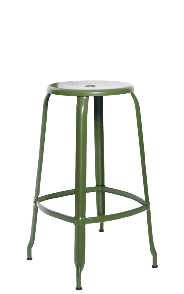 Chaises Nicolle olive green matte metal stool, 75-cm height, made in France.