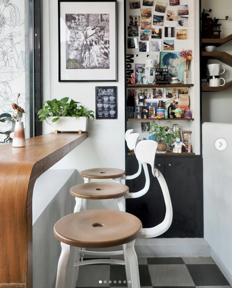 Wood and metal bar chairs at ART BAR in Taichung, Taiwan