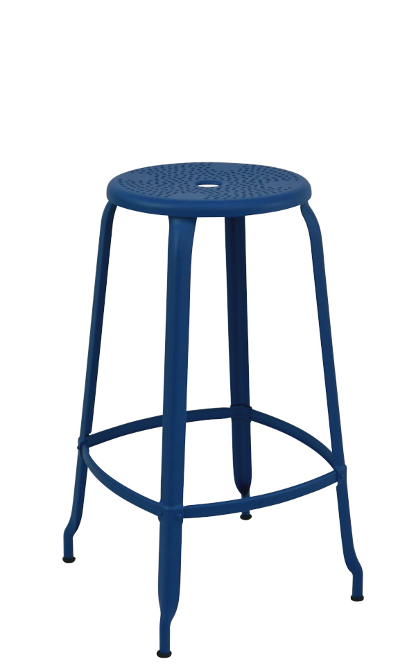 Chaises Nicolle outdoor bar stool, 75-cm high, in RAL blue signaling texture. Perfect for a poolside bar in France.