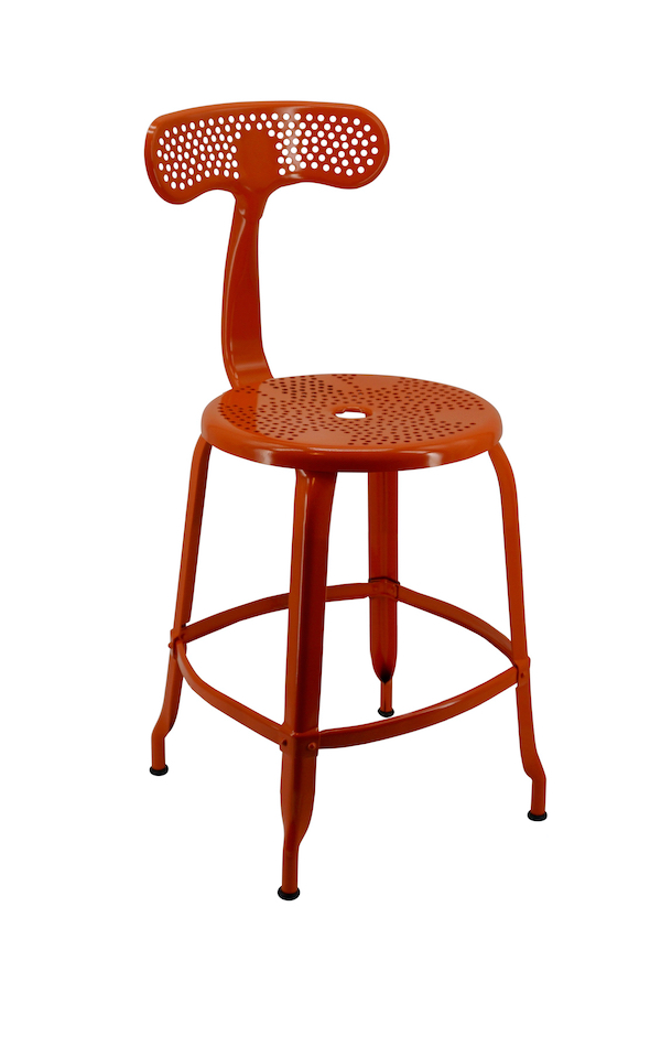 Outdoor chair by Chaises Nicolle, 45-cm tall. Bright orange color, made in France.