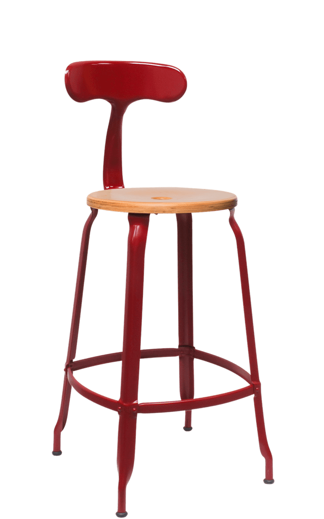 Chaise Nicolle en bois naturel avec piétement rouge brun, design industriel, idéale pour salle à manger, cuisine ou espace professionnel, fabriquée en France