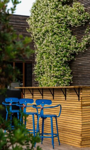 Bar avec Fauteuil Nicolle bleus et mur végétal fleurie